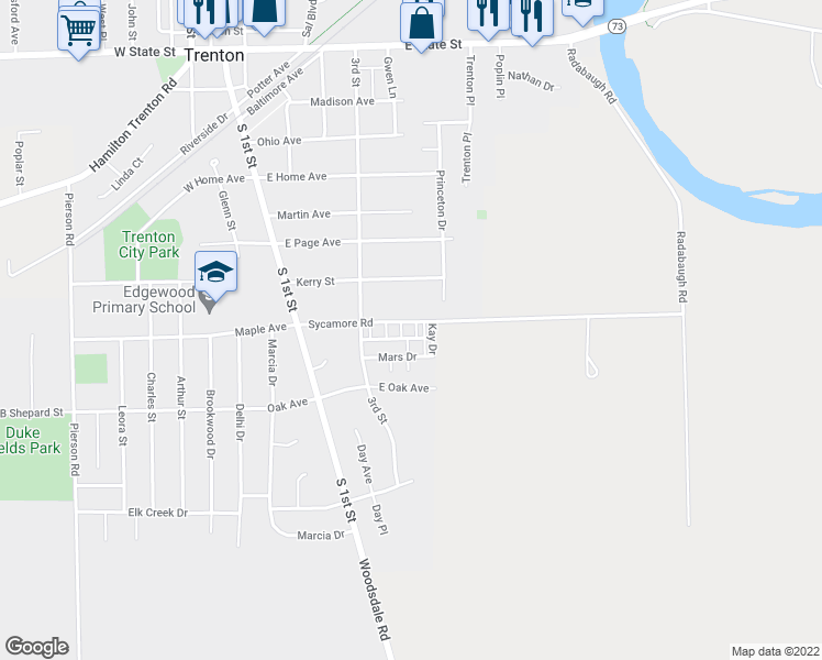 map of restaurants, bars, coffee shops, grocery stores, and more near 413 Sycamore Road in Trenton