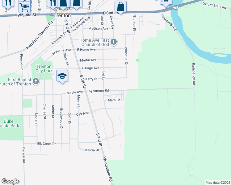 map of restaurants, bars, coffee shops, grocery stores, and more near 413 Sycamore Road in Trenton
