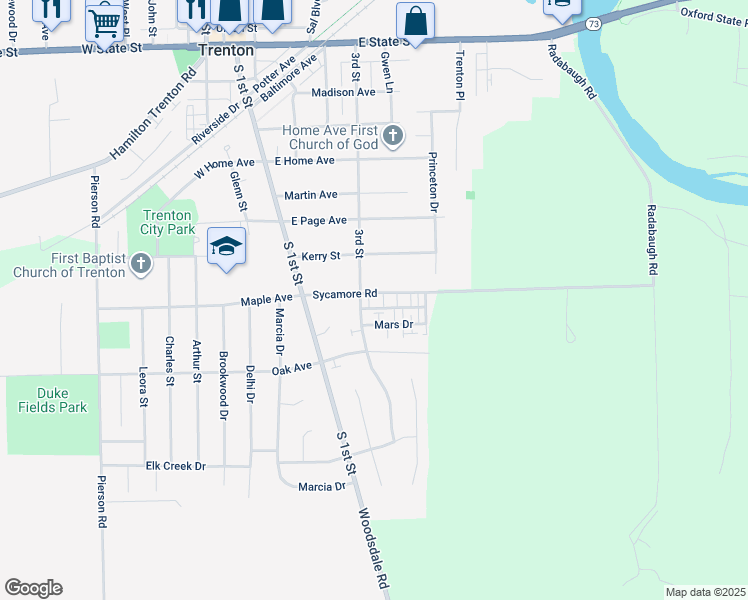 map of restaurants, bars, coffee shops, grocery stores, and more near 403 Sycamore Road in Trenton