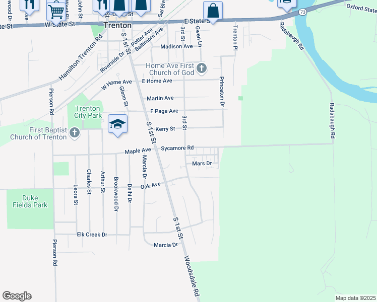 map of restaurants, bars, coffee shops, grocery stores, and more near 403 Sycamore Road in Trenton