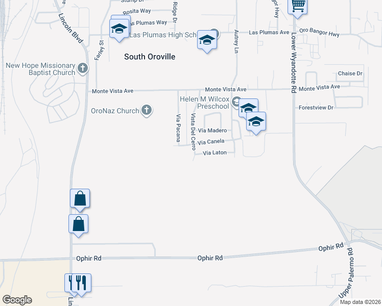 map of restaurants, bars, coffee shops, grocery stores, and more near 5814 Vista Del Cerro in Oroville