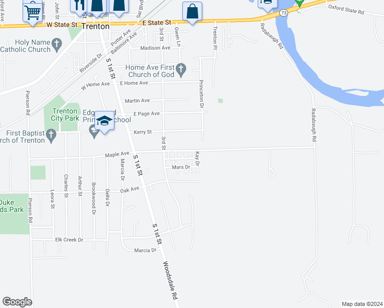 map of restaurants, bars, coffee shops, grocery stores, and more near 415 Sycamore Road in Trenton