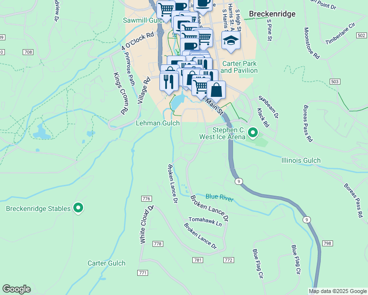 map of restaurants, bars, coffee shops, grocery stores, and more near 905 Columbine Road in Breckenridge