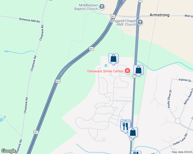 map of restaurants, bars, coffee shops, grocery stores, and more near 343 Daylilly Way in Middletown