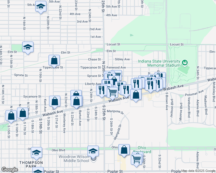 map of restaurants, bars, coffee shops, grocery stores, and more near 2570 Wabash Avenue in Terre Haute