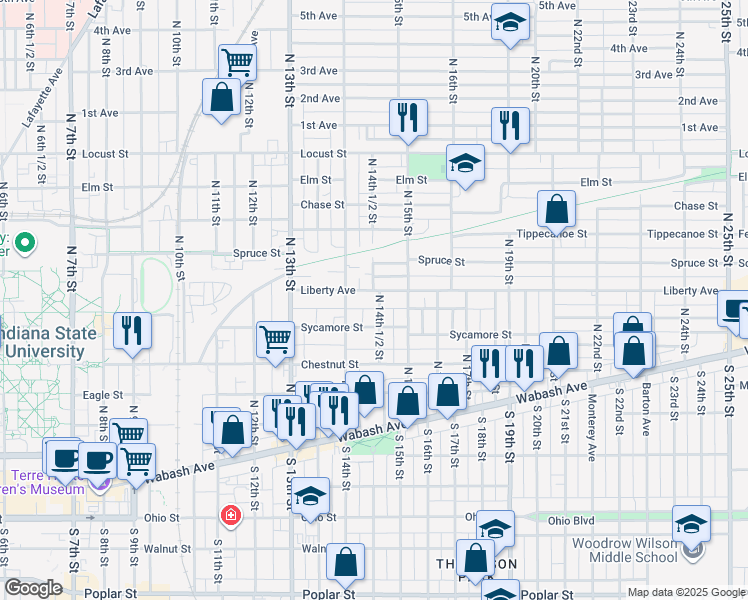 map of restaurants, bars, coffee shops, grocery stores, and more near 1427 Liberty Avenue in Terre Haute