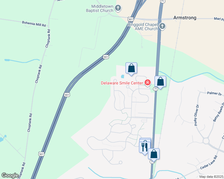 map of restaurants, bars, coffee shops, grocery stores, and more near 343 Daylilly Way in Middletown