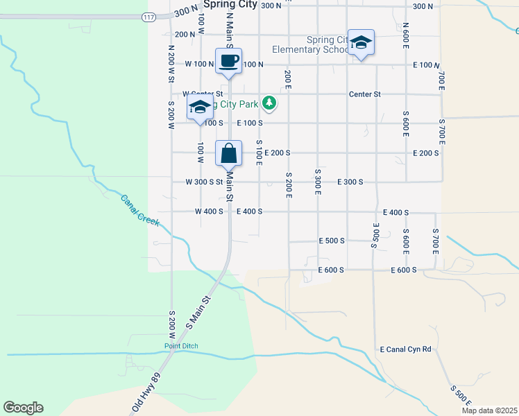 map of restaurants, bars, coffee shops, grocery stores, and more near 389 South 100 East in Spring City