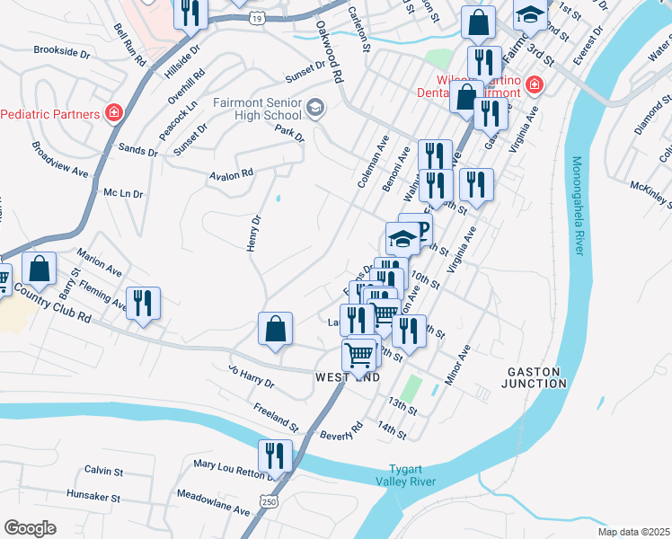 map of restaurants, bars, coffee shops, grocery stores, and more near 940 Boyd Park Road in Fairmont