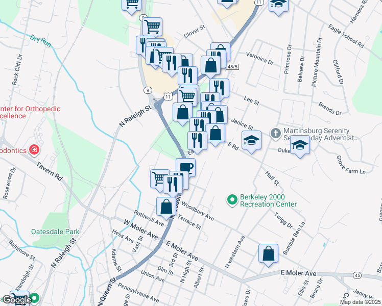 map of restaurants, bars, coffee shops, grocery stores, and more near 1291-1357 Edwin Miller Boulevard in Martinsburg