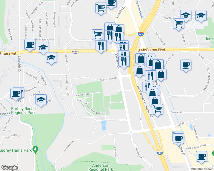 map of restaurants, bars, coffee shops, grocery stores, and more near 555 Hammill Lane in Reno