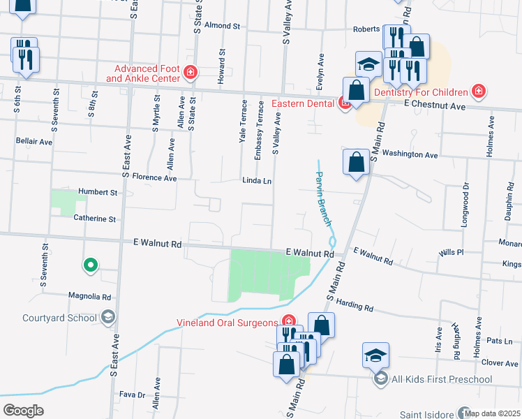 map of restaurants, bars, coffee shops, grocery stores, and more near 1071 Elizabeth Drive in Vineland