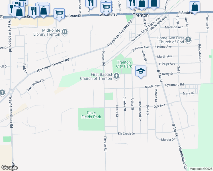 map of restaurants, bars, coffee shops, grocery stores, and more near 714 Pierson Road in Trenton