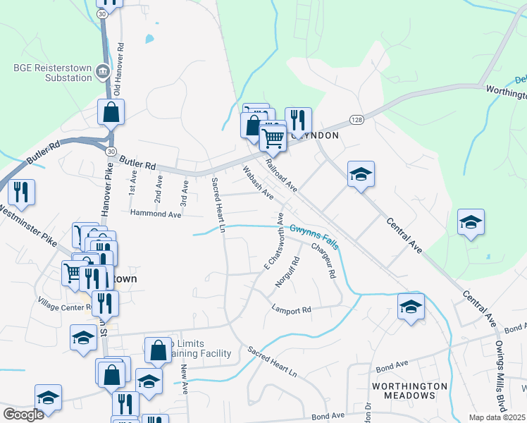 map of restaurants, bars, coffee shops, grocery stores, and more near 426 Samantha's Court in Reisterstown