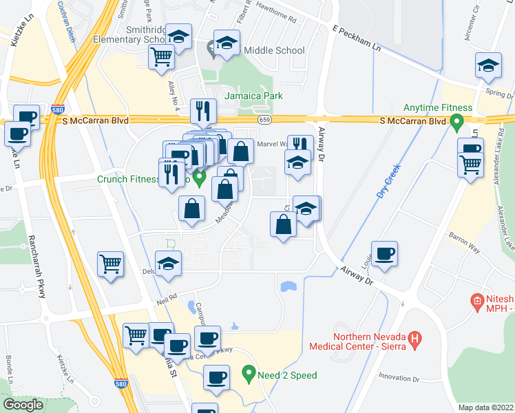 map of restaurants, bars, coffee shops, grocery stores, and more near 1510 Meadow Wood Lane in Reno
