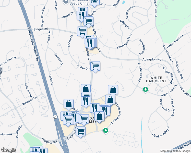 map of restaurants, bars, coffee shops, grocery stores, and more near 3299 Maryland 924 in Abingdon