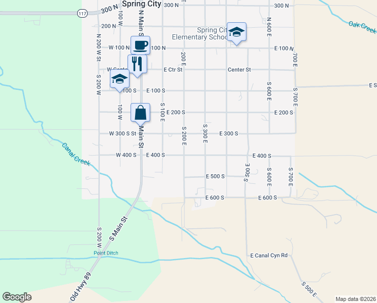 map of restaurants, bars, coffee shops, grocery stores, and more near 217 East 400 South in Spring City