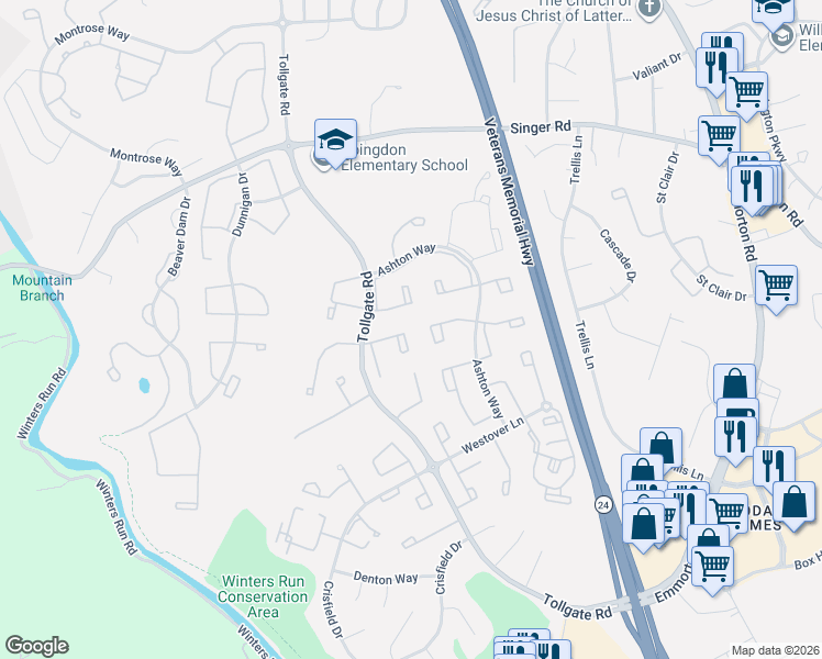 map of restaurants, bars, coffee shops, grocery stores, and more near 306 Overlea Place in Abingdon
