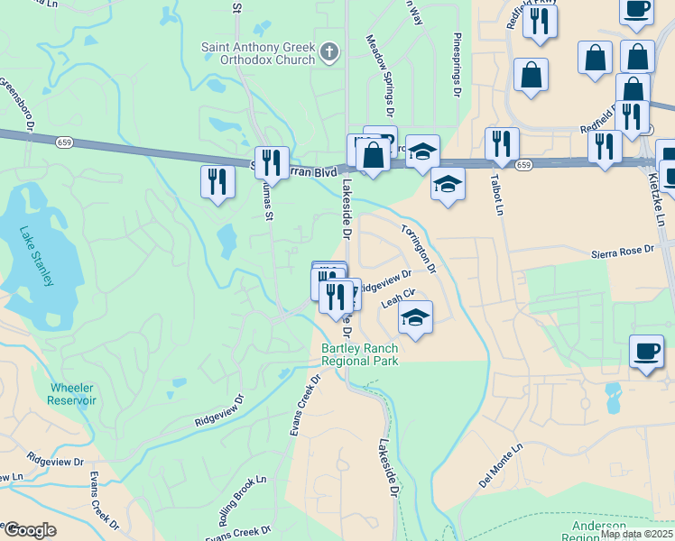 map of restaurants, bars, coffee shops, grocery stores, and more near 6121 Lakeside Drive in Reno