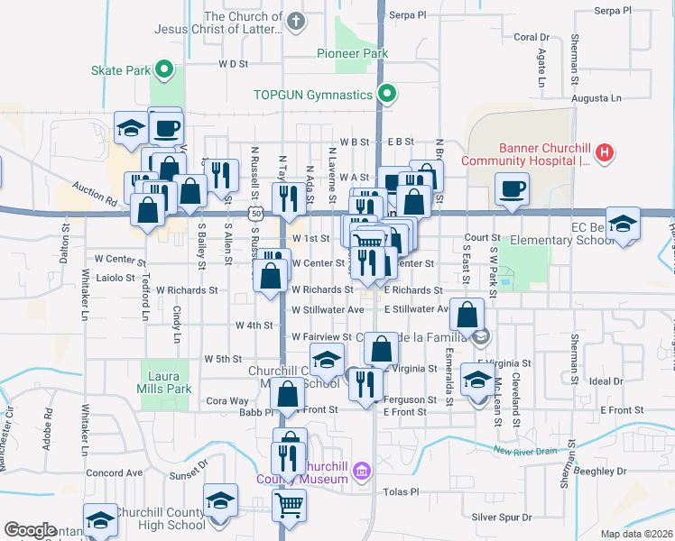 map of restaurants, bars, coffee shops, grocery stores, and more near 299 South Laverne Street in Fallon