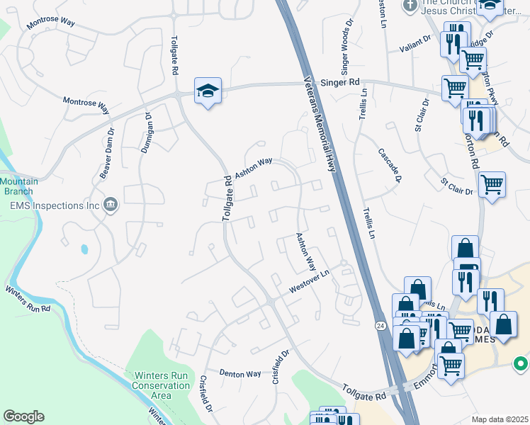 map of restaurants, bars, coffee shops, grocery stores, and more near 350 Delmar Court in Abingdon