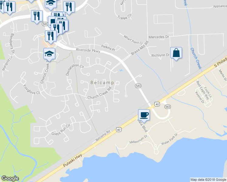 map of restaurants, bars, coffee shops, grocery stores, and more near 1207 Caldwell Court in Belcamp