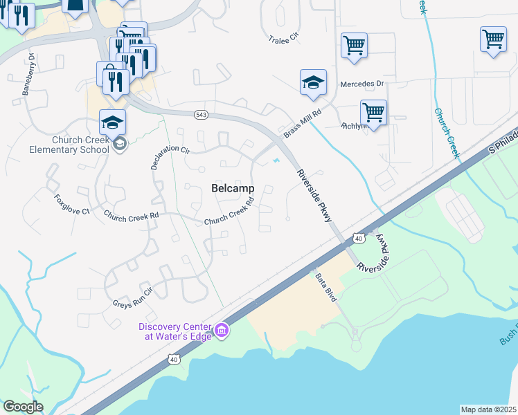 map of restaurants, bars, coffee shops, grocery stores, and more near 1229 Caldwell Court in Belcamp