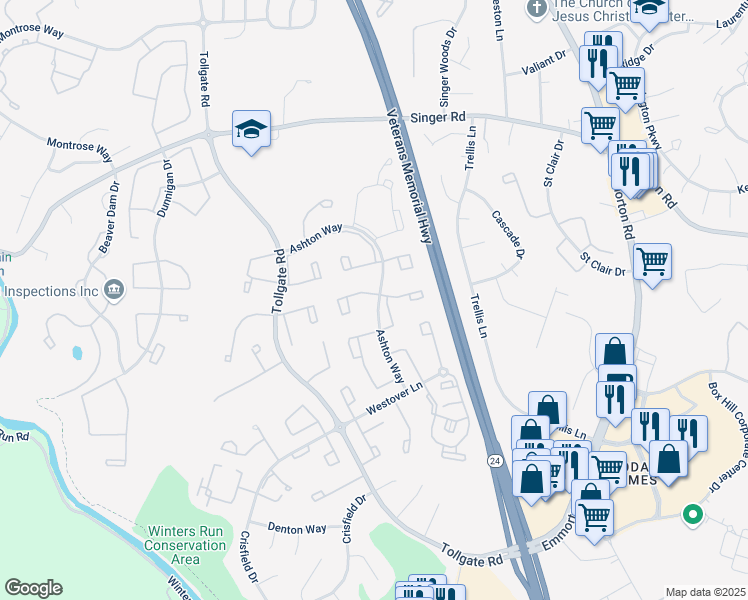 map of restaurants, bars, coffee shops, grocery stores, and more near 301 Delmar Court in Abingdon