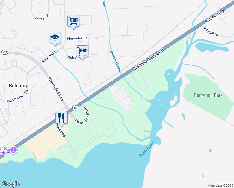 map of restaurants, bars, coffee shops, grocery stores, and more near 323 Kestrel Drive in Belcamp