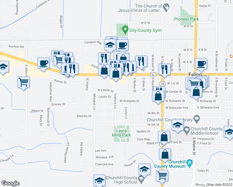 map of restaurants, bars, coffee shops, grocery stores, and more near 881 West Center Street in Fallon