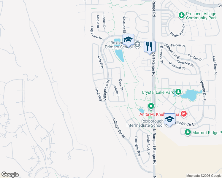 map of restaurants, bars, coffee shops, grocery stores, and more near 7634 Halleys Drive in Littleton