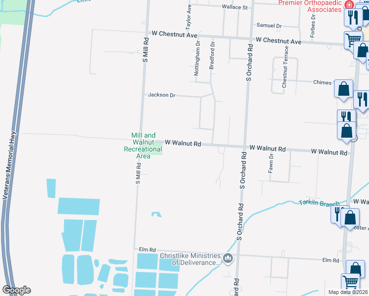 map of restaurants, bars, coffee shops, grocery stores, and more near 1691 West Walnut Road in Vineland