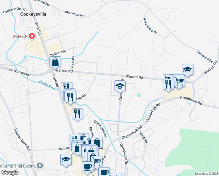map of restaurants, bars, coffee shops, grocery stores, and more near 10408 Greentop Road in Cockeysville