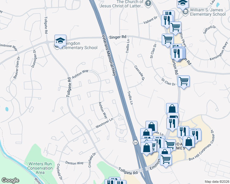 map of restaurants, bars, coffee shops, grocery stores, and more near 205 Lodge Cliff Court in Abingdon