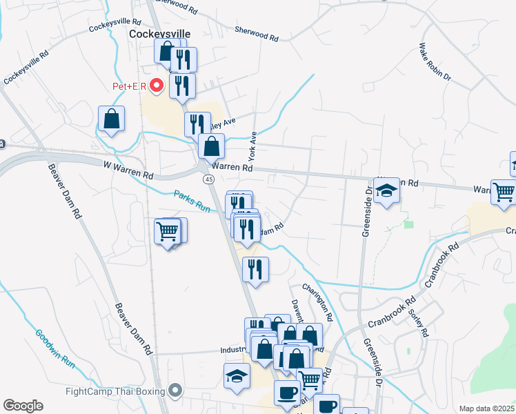 map of restaurants, bars, coffee shops, grocery stores, and more near 17 Warren Lodge Court in Cockeysville