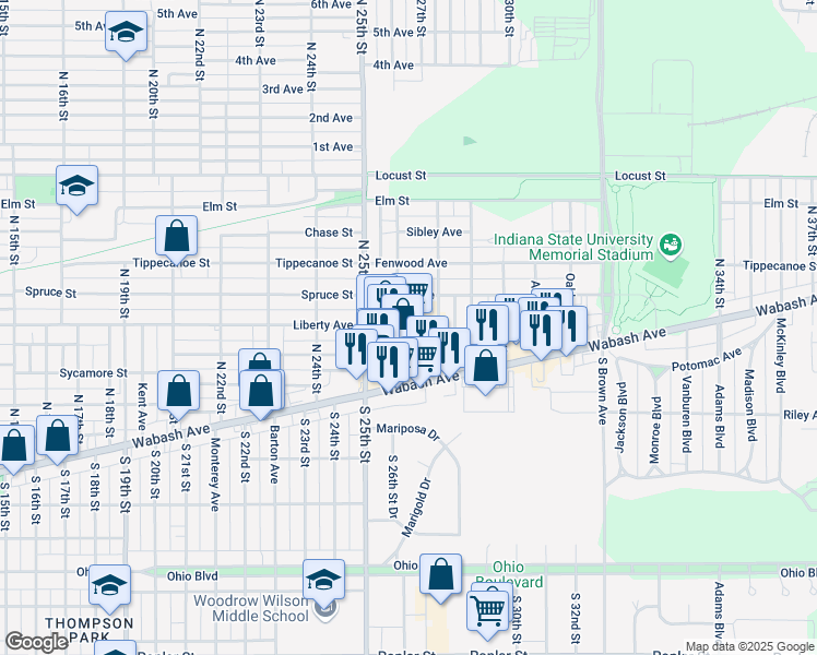 map of restaurants, bars, coffee shops, grocery stores, and more near 2720 Wabash Avenue in Terre Haute