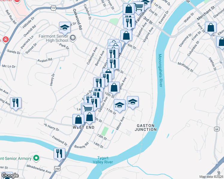 map of restaurants, bars, coffee shops, grocery stores, and more near 401 10th Street in Fairmont