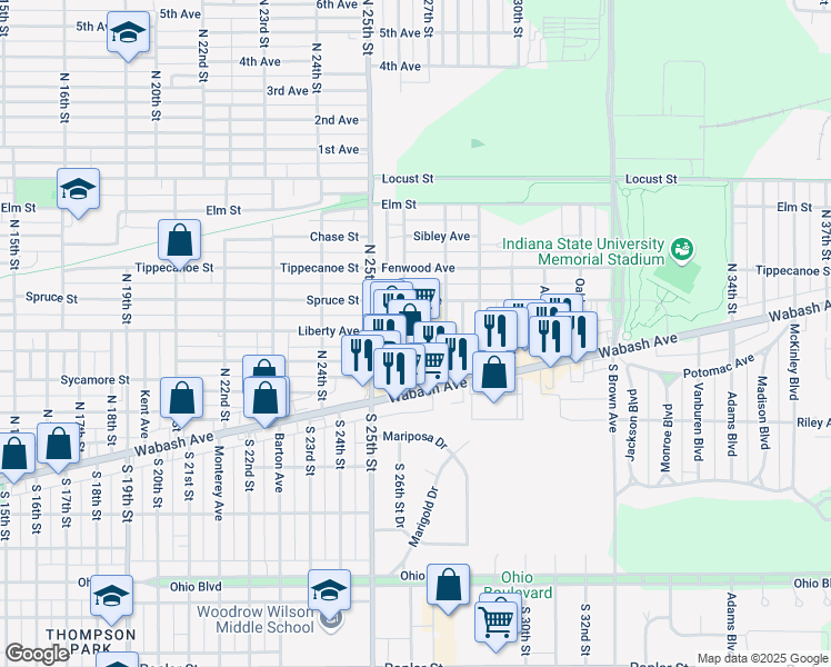 map of restaurants, bars, coffee shops, grocery stores, and more near 2650 Wabash Avenue in Terre Haute