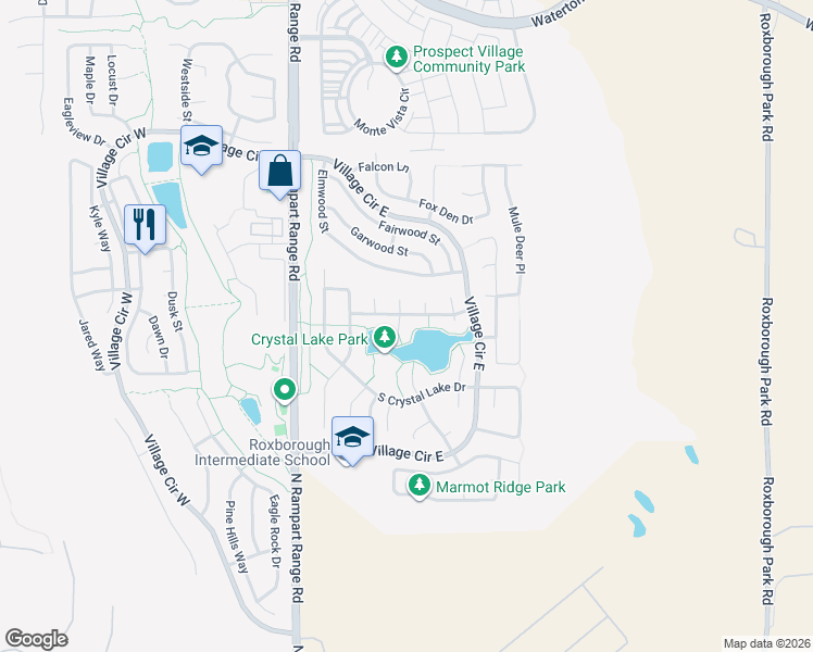 map of restaurants, bars, coffee shops, grocery stores, and more near 7612 Coyote Place in Littleton