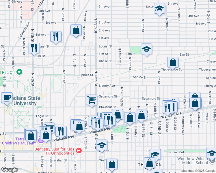 map of restaurants, bars, coffee shops, grocery stores, and more near in Terre Haute