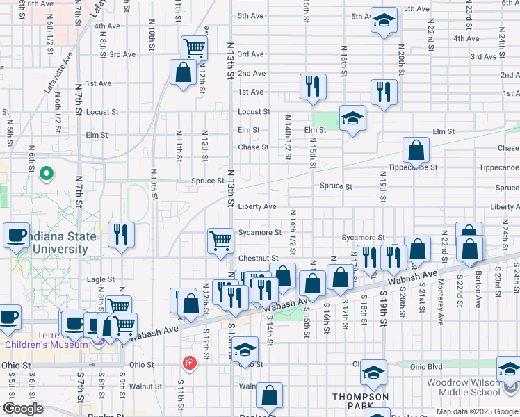 map of restaurants, bars, coffee shops, grocery stores, and more near in Terre Haute