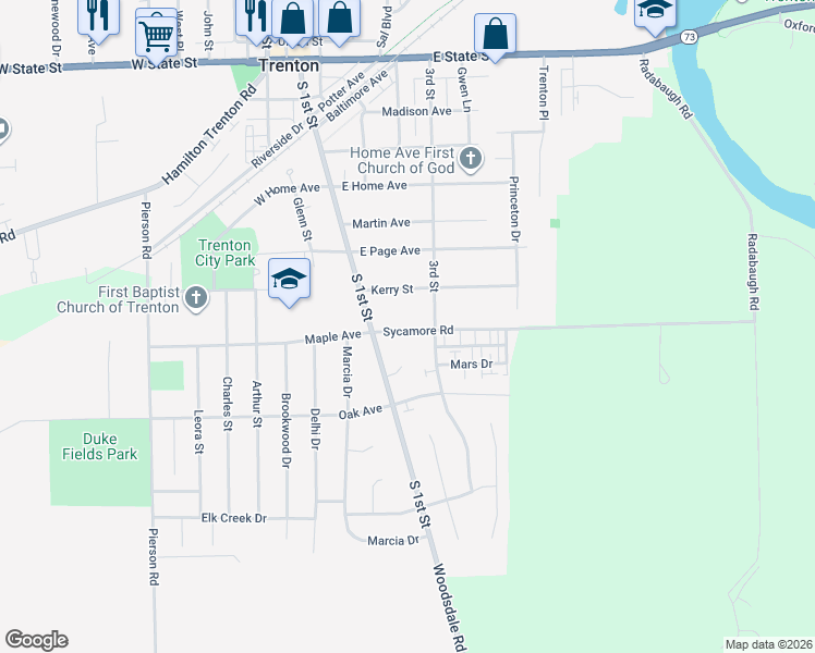 map of restaurants, bars, coffee shops, grocery stores, and more near 305 Sycamore Road in Trenton
