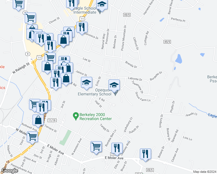 map of restaurants, bars, coffee shops, grocery stores, and more near 1101 Grebe Court in Martinsburg