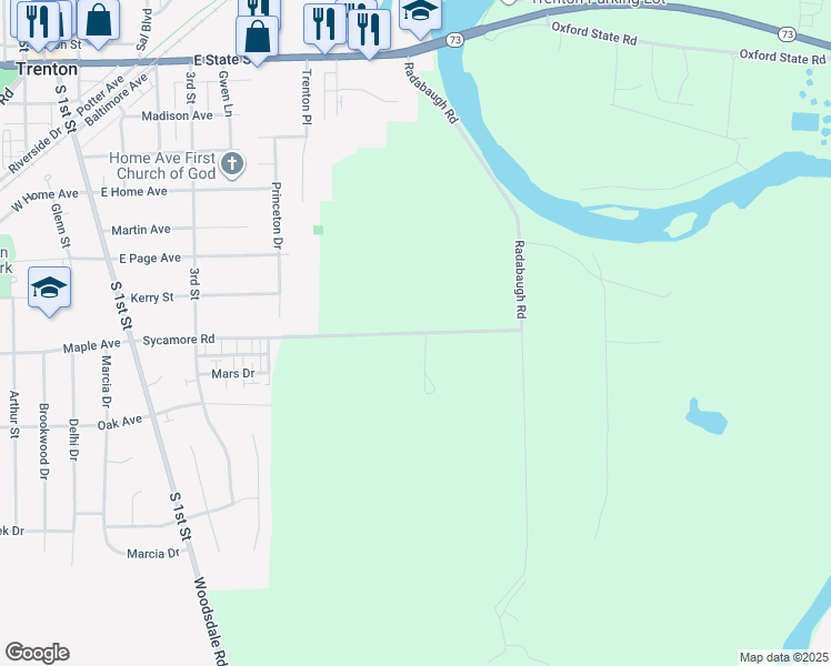 map of restaurants, bars, coffee shops, grocery stores, and more near 6479 Sycamore Road in Trenton