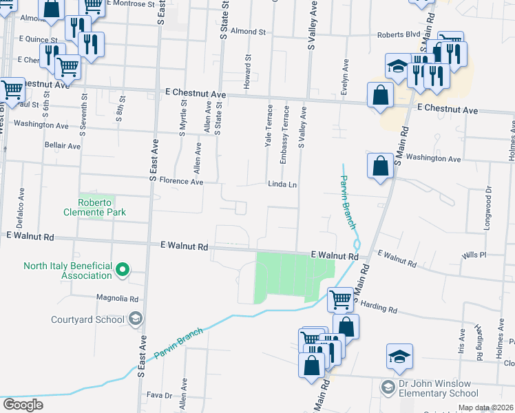 map of restaurants, bars, coffee shops, grocery stores, and more near 890 East Walnut Road in Vineland