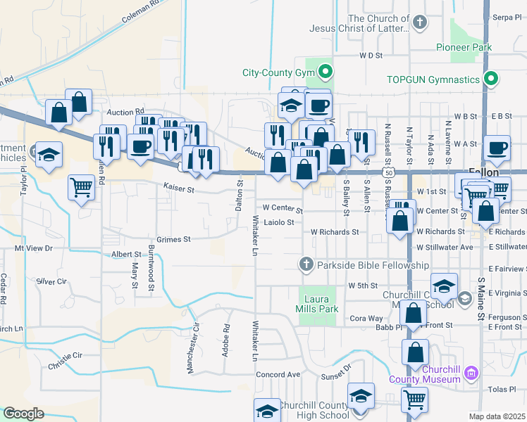 map of restaurants, bars, coffee shops, grocery stores, and more near 1061 West Center Street in Fallon