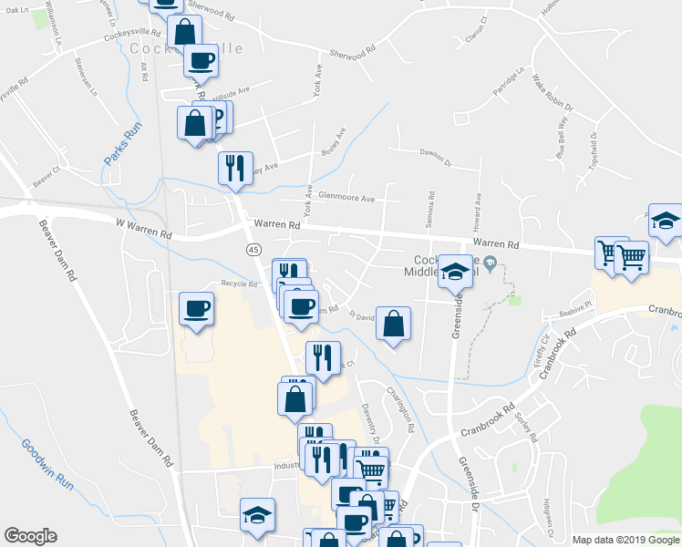 map of restaurants, bars, coffee shops, grocery stores, and more near 19 Cedarvale Court in Cockeysville