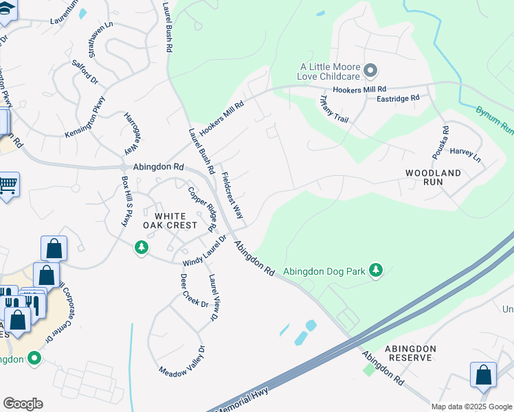 map of restaurants, bars, coffee shops, grocery stores, and more near 3218 Peverly Run Road in Abingdon