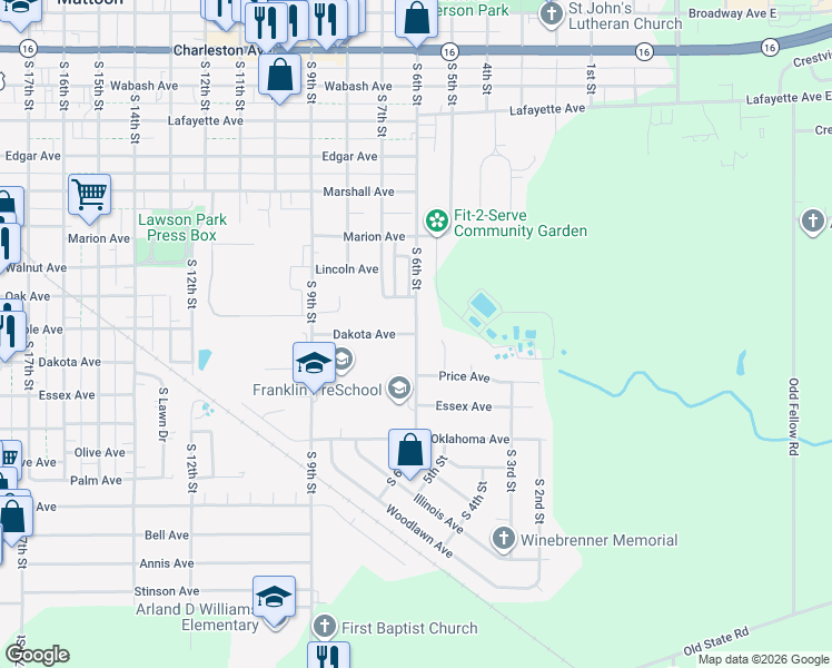 map of restaurants, bars, coffee shops, grocery stores, and more near 924 South 6th Street in Mattoon