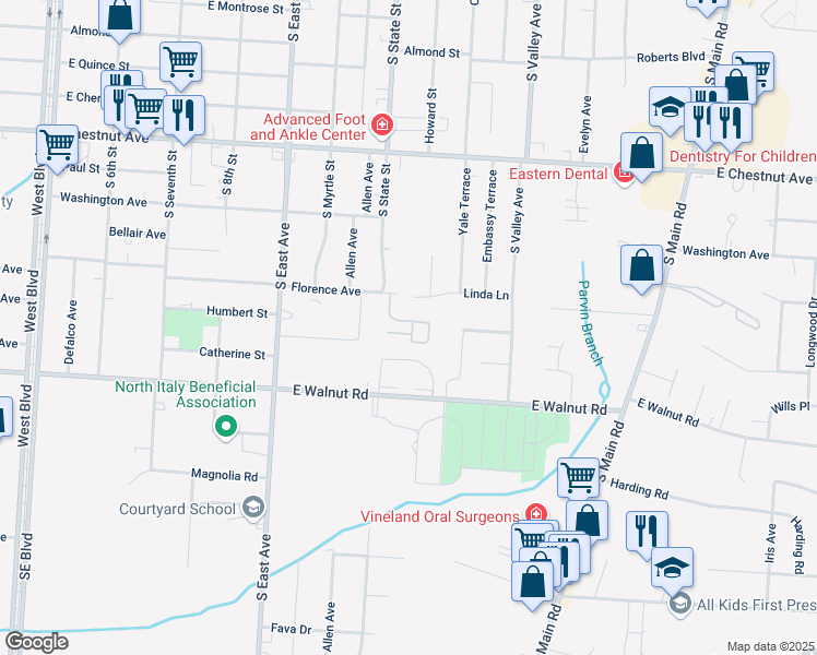 map of restaurants, bars, coffee shops, grocery stores, and more near 1027 Florence Avenue in Vineland